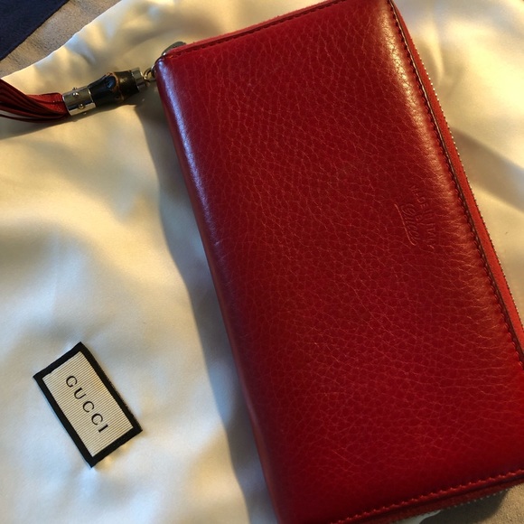 Gucci Red Leather Bamboo Zipper Long Zippy Wallet with dustbag and box - Picture 14 of 15